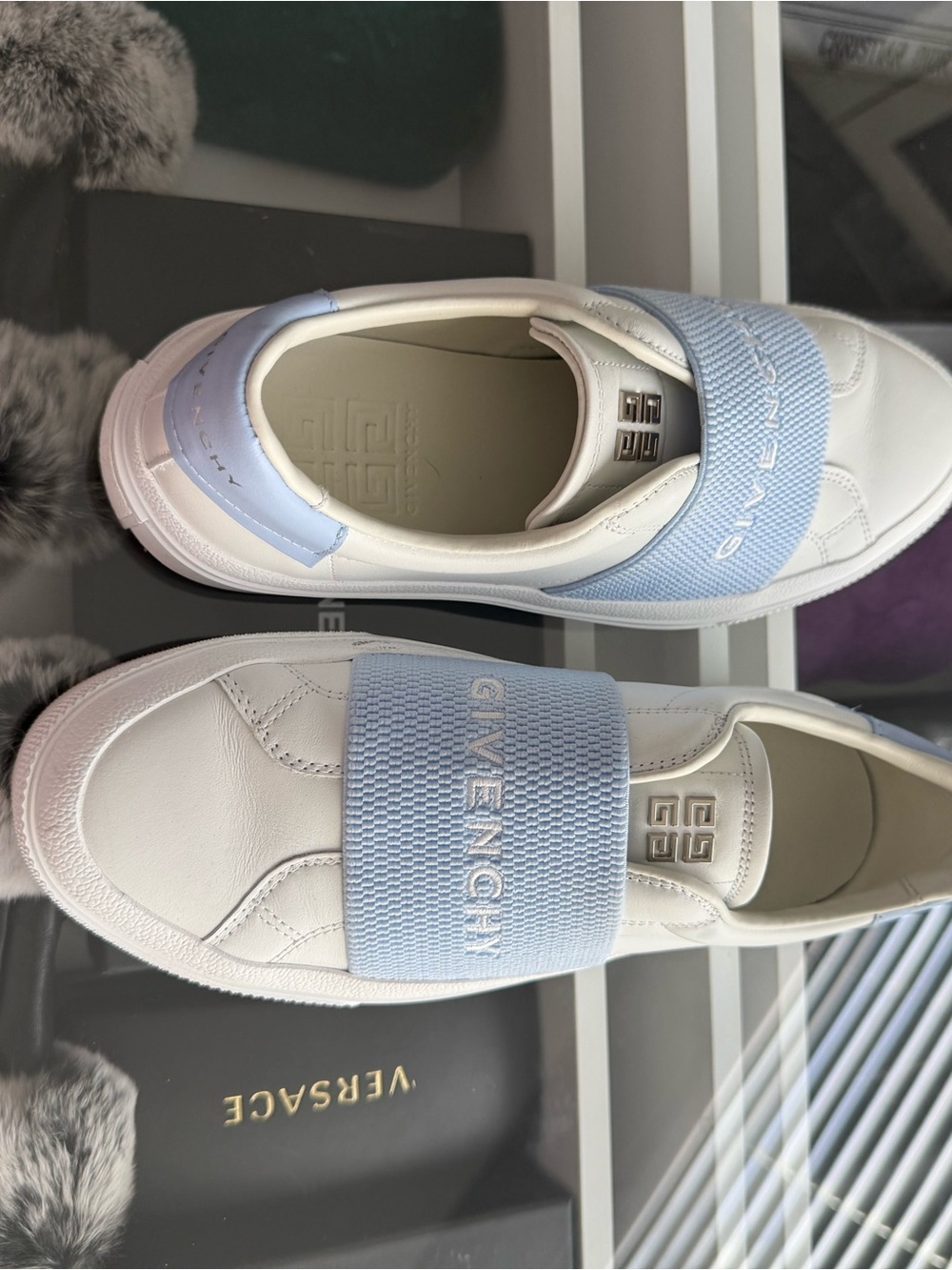 Givenchy White Leather Slip-Ons with Pale Blue Logo Band - Picture 3 of 5